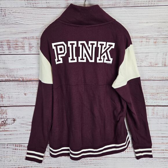 Victoria Secret Pink 1/4 Zip Jacket L Purple White Logo Varsity HOCO School Coat - Picture 3 of 11